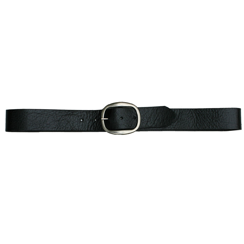 Black leather store belt with antique nickel wave buckle